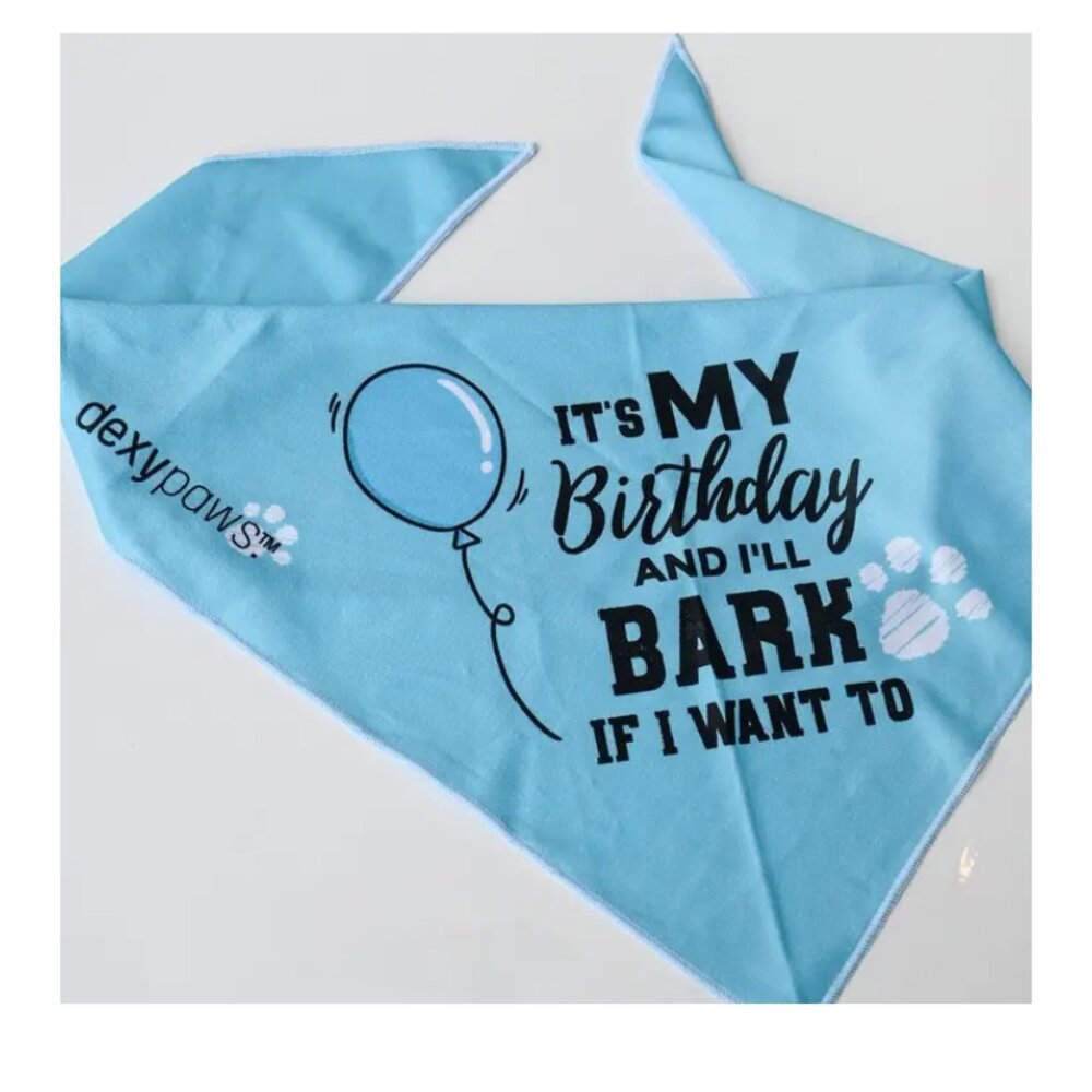 Dog Bandana "It's My Birthday I'll Bark If I Want To" Blue Sz S/M, New, Cooling